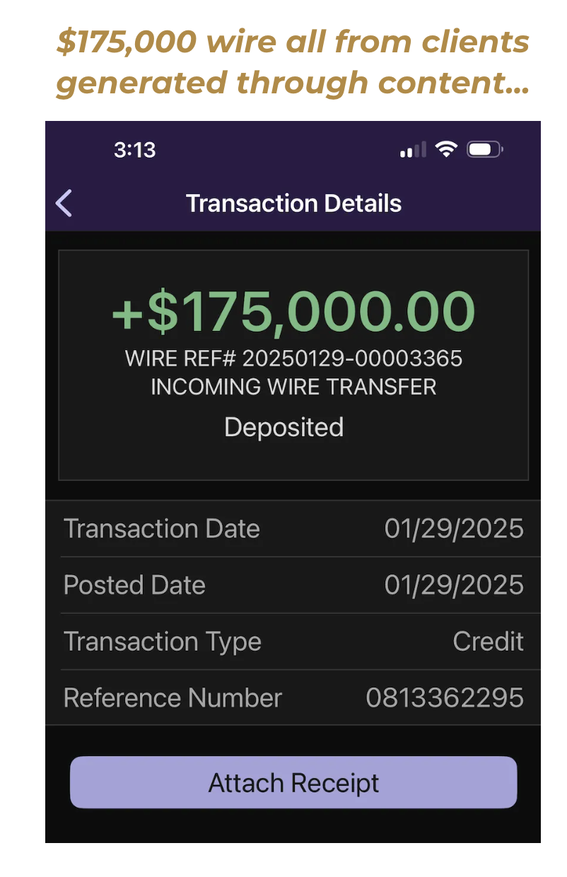 $175,000 wire from clients generated through content