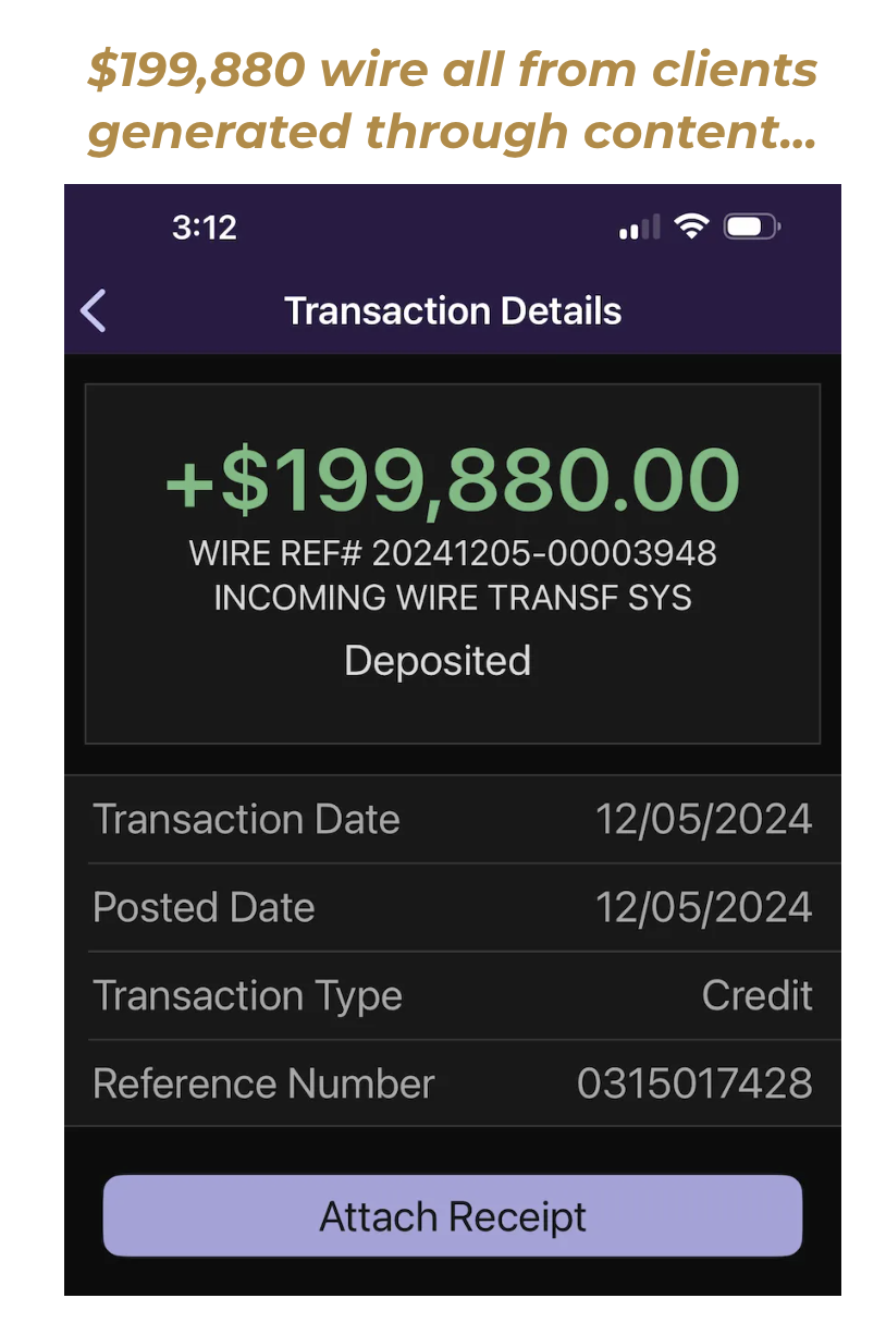 $199,880 wire from clients generated through content